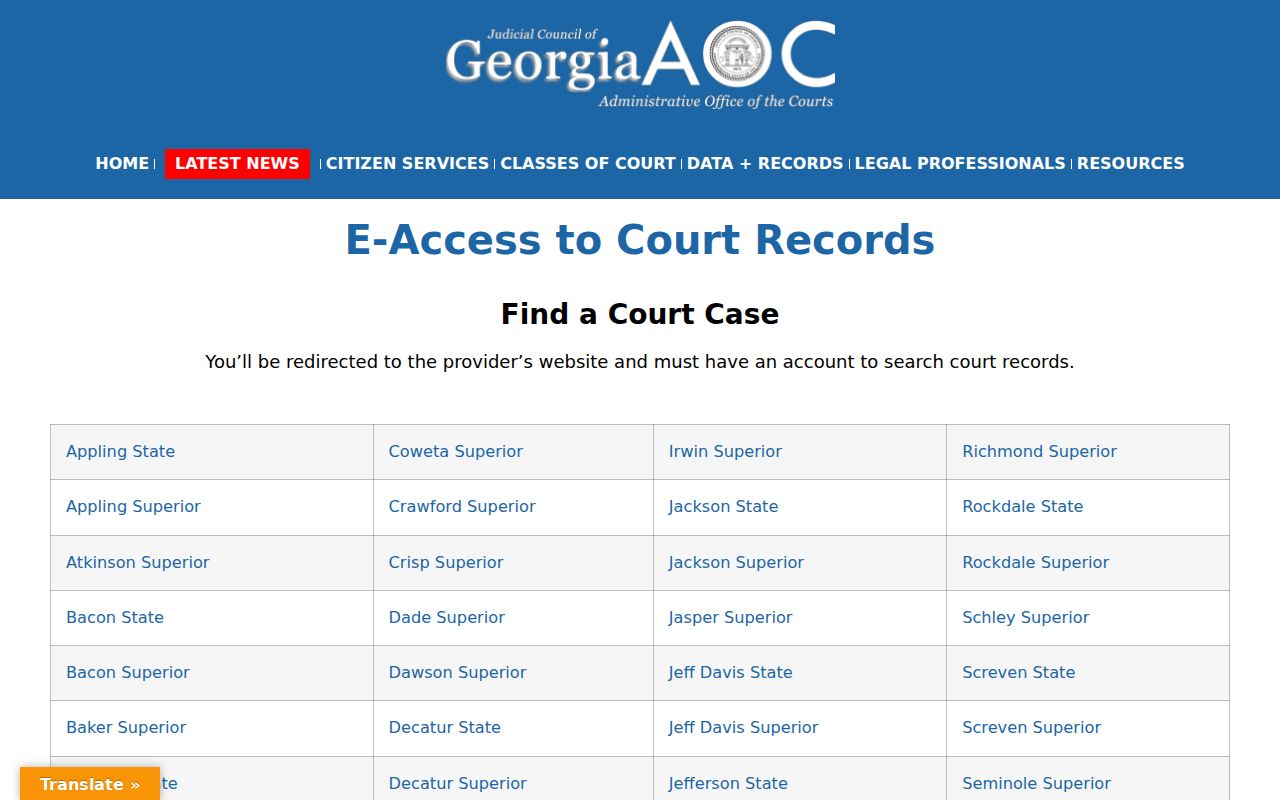 Georgia court records access page used for an East Point resident lookup